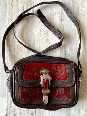 American West Brown and Rust color Leather Crossbody Bag silver stamped details